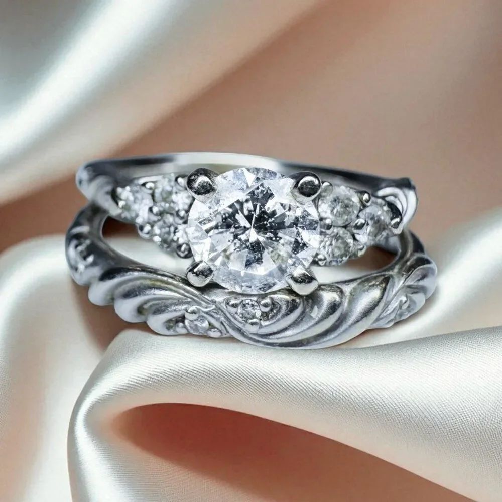 14K White Gold- 1CT Diamond Ring Set -$5375 Floral "Gossimer" by Artcarved -6.4g